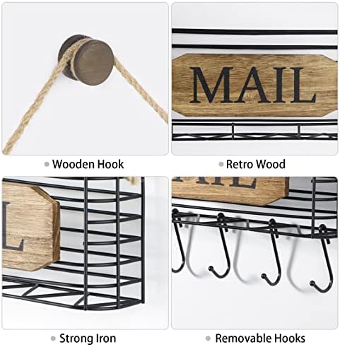 SRIWATANA Mail Organizer Wall Mount, 5 Key Hooks, Small, Carbonized Black
