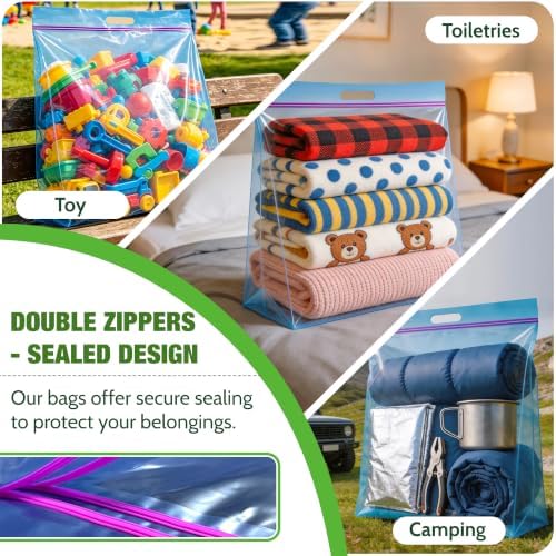 GOONIK 15 Gallon Large Storage Bags with Zipper and Handle for Clothes Pillow Travel Moving, Large, 24” x 24”, Blue, Pack of 6