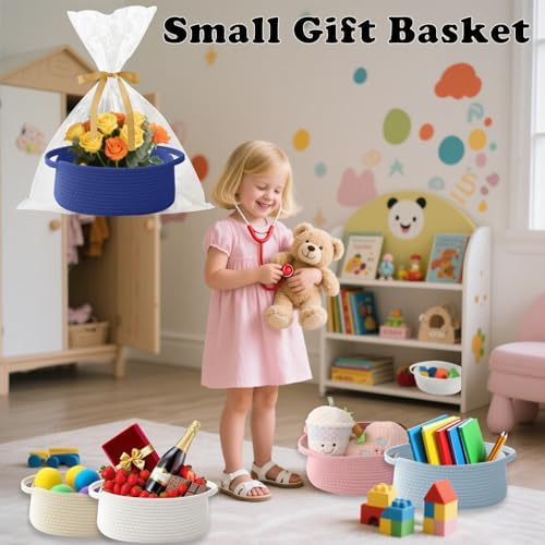 Royal Blue Woven Rope Basket,Baby Gift Basket with Bag & Ribbon
