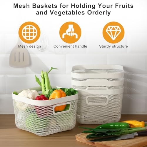 MorningRo 1 Pack Metal Mesh Basket with Hollow Handles White Wire Storage Bin for Organizing Stackable Metal Fine Mesh Basket for Pantry Bathroom Kitchen Cabinets Shelves (Medium)
