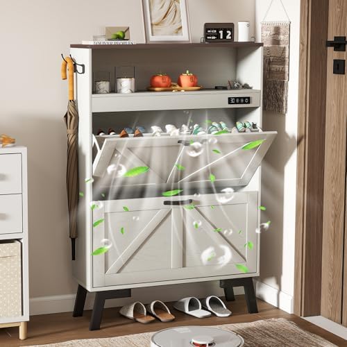 Shoe Cabinet with Deodorizer, Narrow White Entryway Storage, Anti-Tip