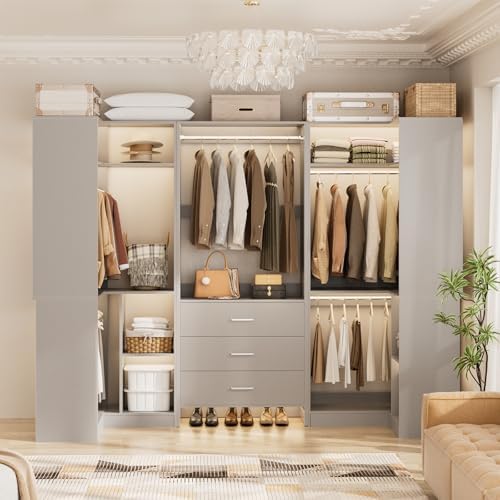 Aheaplus Closet System with Drawer，Hanging Rods， U-Shaped，Set of 3， Grey