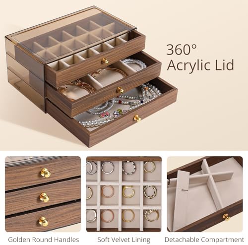 3 Layer Wooden Drawers Jewelry Box Vintage Style Jewelry Organizer with Acrylic Cover, Jewelry Storage Display Box for Ring Earrings Necklace Bracelet Box for Women and Girls(Walnut Color)(A)