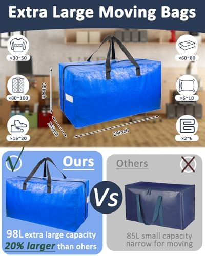 Extra Large Moving Bags, Dinruiag 4 Pack Heavy Duty Storage Bags with Strong Zipper, Blue Packing Bags for Dorm Room Esseentials and Closet Organizers