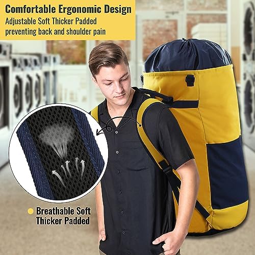 JOINPRO Laundry Bag Backpack, 125L Extra Large Laundry Backpack with Shoulder Straps, Adjustable Extendable Laundry Hamper Bag with 3 Pockets for College, Travel, Camping (Yellow)