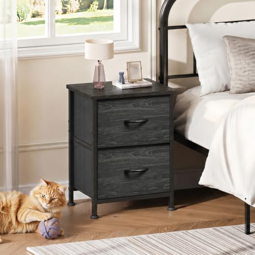 WLIVE Night Stand Set 2, Nightstand with 2 Fabric Drawers, Small Dresser for Bedroom, Bedside Table for Small Spaces, Dorm, Charcoal Black Wood Grain Print