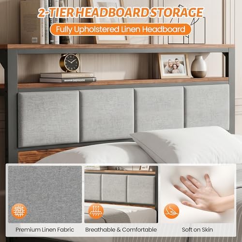 Queen Bed Frame with 2 Storage Drawers & Charging Station, Headboard, Grey