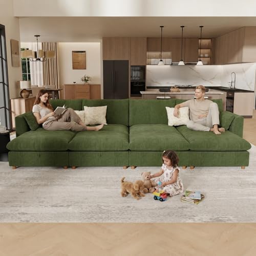 WorthFurni Oversized Modular Sectional Sofa,144" Sleeper Sofa Bed Sectional Cloud Couch with Storage Ottoman,Comfty 8 Seat Modular Sofa for Living Room,Green Chenille