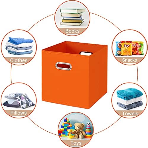 Fabric Cloth Storage Bins,Fabric Cube Bins Organizer with Dual Handles Foldable Cube Storage Baskets for Home Bedroom Storage,Set of 3,(Orange)
