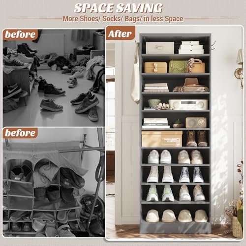 Aheaplus 10 Tiers Narrow Wood Shoe Rack, Tall Shoe Storage Cabinet, Grey