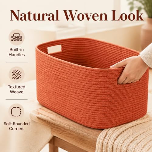 15.4GAL Rope Laundry Basket for Dorm, Cute Boho Square Woven Basket for Living Room Throws Pillow Blanket Storage, Short Dirty Clothes Hamper for Baby Girls Boys Toys Stuffed Animal Towel Terracotta