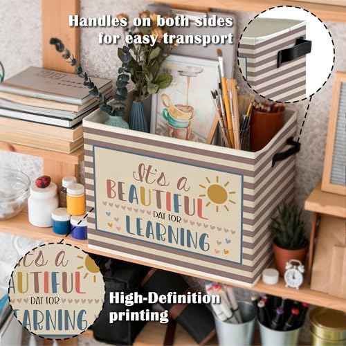 Boho Classroom Storage Bins Box with Handles, It's a Beautiful Day for Learning Neutral Striped Collapsible Basket Organizer for Classroom Kids Room Bedroom Playroom Books Clothes