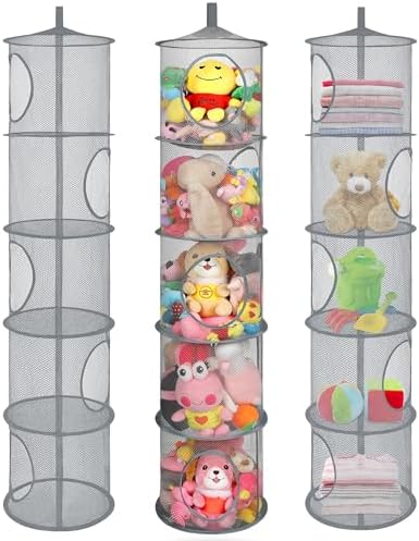 3Pcs Hanging Stuffed Animal Storage Hammock Net 5 Tiers, Grey