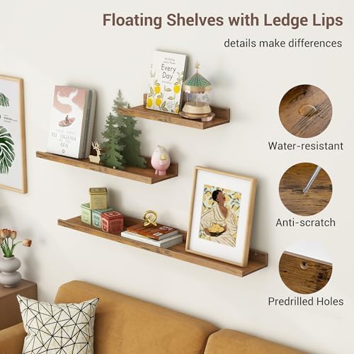 Axeman Picture Ledge Shelf, 24 Inch Brown Floating Shelves Set of 3
