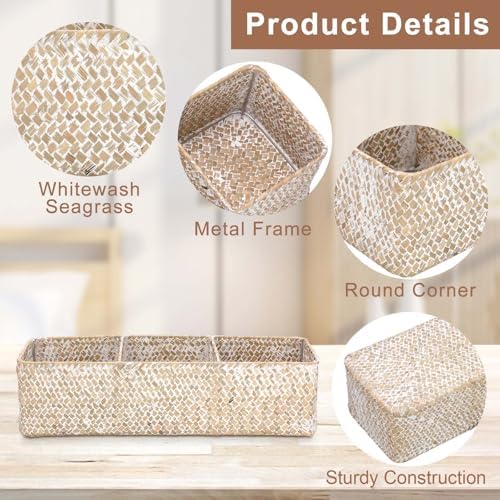 Hipiwe Handwoven Seagrass Storage Basket 3 Sections Toilet Tank Paper Basket Wicker Shelf Basket for Pantry Kitchen Living Room Home Decor, Whitewash