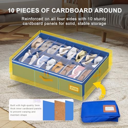 homyfort Shoe Organizer Under Bed, Fits 32 Pairs, Under bed Shoe Storage Boxes with Study Handles and Clear Cover, zapateras organizer for shoes, set of 2