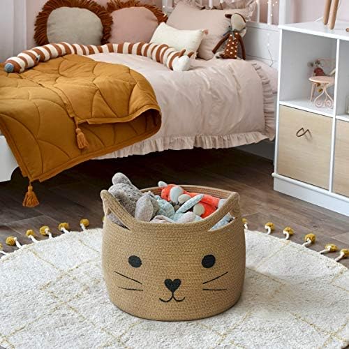 Large Woven Rope Cat Toy Basket with Cat Face Design, Jute