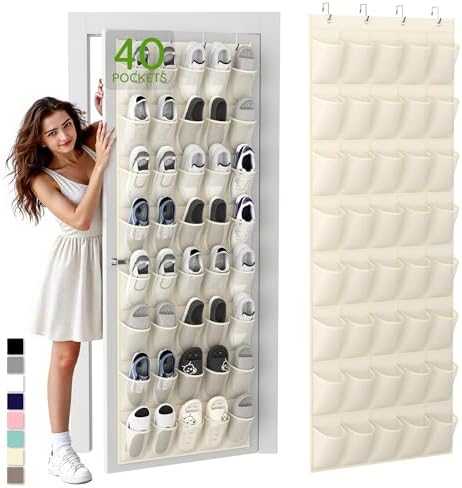 Over the Door Shoe Organizer with 40 Large Breathable Mesh Pockets, Space Saving Shoe Holder, Hanging Shoe Rack for Entryway Bedroom Closet Storage (Beige, 40 Pockets)