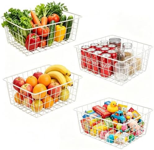 White Wire Storage Baskets,11.1"x8.7"x4.7"Wire Freezer Storage Organizer Bins Farmhouse Metal Freezer Basket with Handles for Cabinets, Pantry, Closets, Bedrooms,White,4 Pack