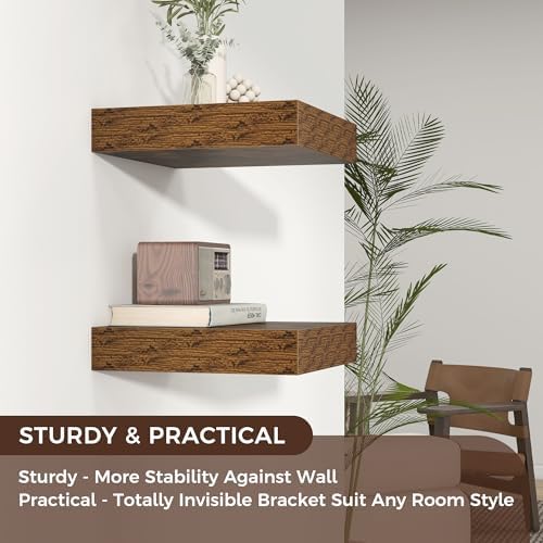 12 Inch Floating Shelves for Wall, Square Storage Shelves, Brown Finish