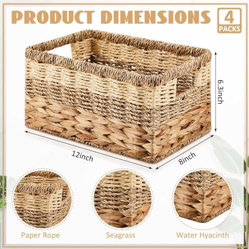 Suzile 4 Pack Wicker Storage Baskets, Water Hyacinth Seagrass, M