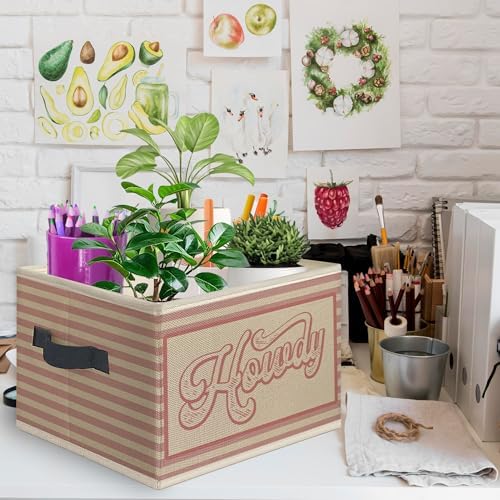 Pink Western Howdy Foldable Storage Bins Box with Handles, Pink Striped Western Nursery Collapsible Toys Books Clothes Organizer Basket for Kids Girl Nursery Room Bedroom Bathroom