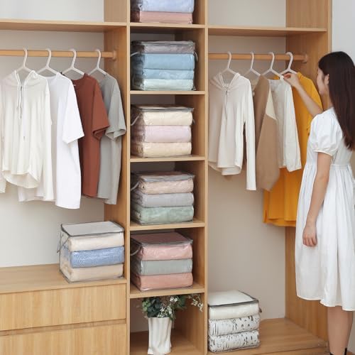 10 PCS Clear Zippered Storage Bags with Handles,Sweater Storage with Two-way Zipper,Foldable Closet Organizer Bed Sheet Organizer,Cube Plastic Organizer,Bag,Bin,for Clothes,Towel-GY