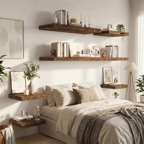 Vivelove Deep Floating Shelves 36x12” Set of 2, Rustic Brown | Easy Install With Hardware, 2" Thick, Invisible Brackets, Wall Mounted, No Sagging, For Any Room