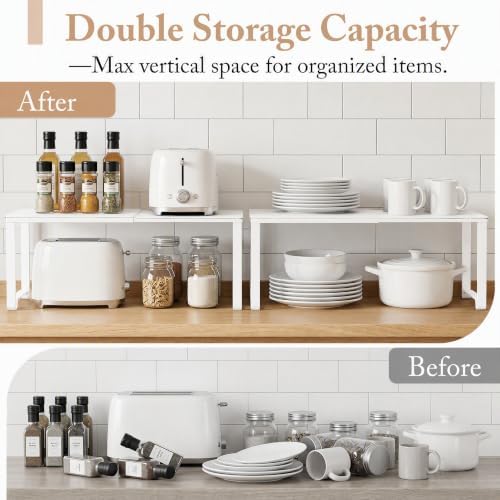 Extendable Metal Wire Shelf Organizer - Adjustable 15-24.4in Length, Stackable Storage Rack for Kitchen/Pantry/Bathroom/Shoe Cabinet/Tool Closet (2, White)