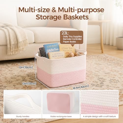 OIAHOMY Woven Storage Basket, Small Baskets for Organizing White & Pink