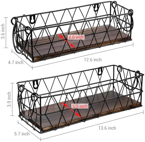 MyGift 2 Piece Wall Mounted Black Geometric Metal Nesting Storage Basket with Rustic Solid Burnt Wood Base, Small Tabletop Decorative Metal Wire Bins with Handles