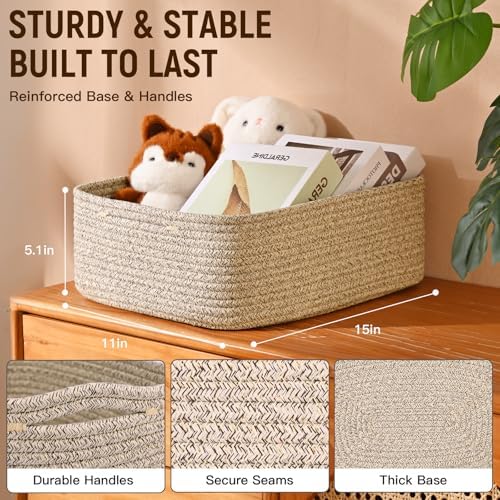 Shallow Storage Baskets for Shelves, 15x11x5.1 Inch Woven Baskets for organizing, 2 Pack Storage Bins for Nursery, Bathroom, Closet, Decorative, Mixed Brown