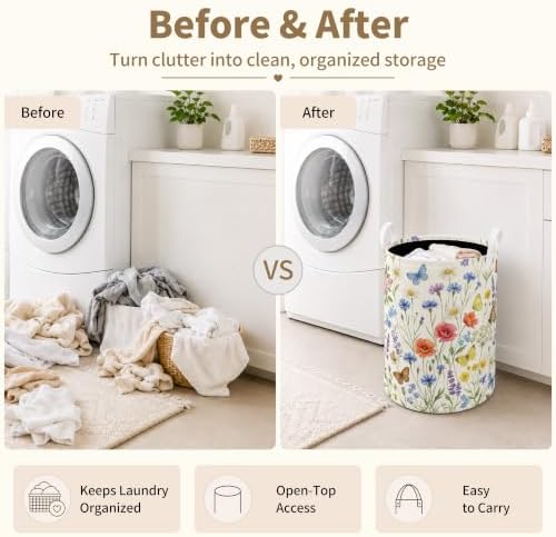 Vintage Wildflower Laundry Basket, Cottagecore Floral Butterfly Waterproof Laundry Hamper Clothes Toys Storage Organizer Bin for Bathroom Bedroom Nursery