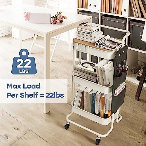 DTK 3-Tier Rolling Cart with Table Top, Metal Utility Cart with Side Bags | Tray Storage Organizer, Lockable Wheels, 4 Hooks, Art Cart for Kitchen, Bathroom, Office, Craft room, Living room, White