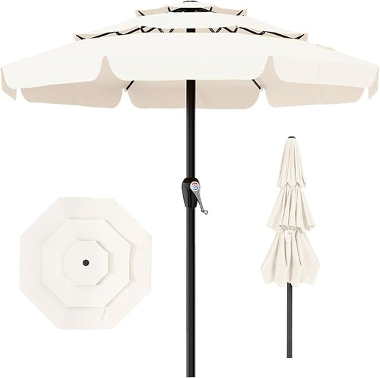 AreShark 12FT 3-Tiers Patio Umbrella with Valance, Outdoor with Crank, Large Outdoor Market Umbrellas Vented with 8 Sturdy Ribs, Patio Table Umbrellas for Garden, Deck, Backyard, Pool, Cream White