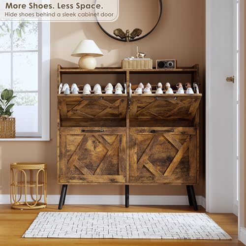 Nicetree Shoe Cabinet Storage for Entryway, Freestanding Shoe Storage Cabinet, Farmhouse Narrow Shoe Rack Cabinet for Entryway, Foyer, Hallway, Shoe Cabinet 4 Flip Drawers