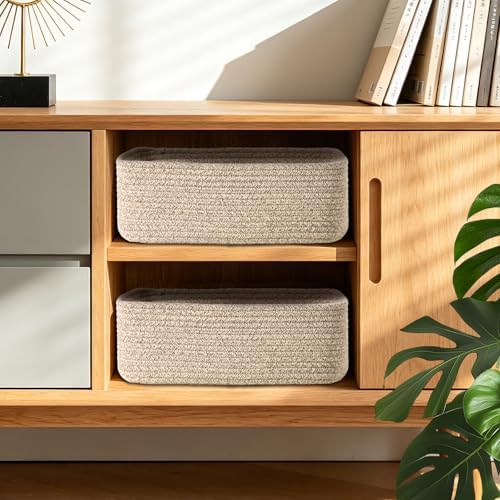 Shallow Storage Baskets for Shelves, 15x11x5.1 Inch Woven Baskets for organizing, 2 Pack Storage Bins for Nursery, Bathroom, Closet, Decorative, Mixed Brown