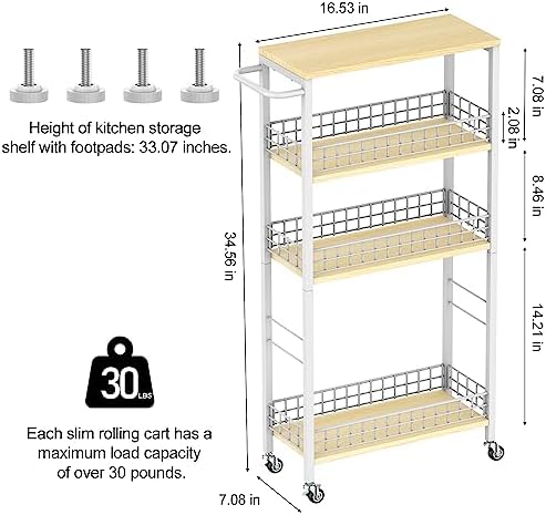 NOVIMANGO Slim Storage Cart White 4 Tier Rolling Cart with Wheels