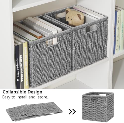 Vagusicc 9 inch Wicker Storage Cubes, Set of 2 Handwoven Wicker Baskets for Storage, Square Cube Organizer Bins, Foldable Paper Rope Storage Baskets for Organizing, Grey