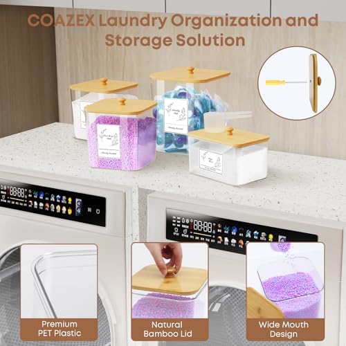 COAZEX 4 Pack Clear Laundry Pods Container & Dryer Sheet Holder,Bamboo Lids | Clear Square Containers Natural Bamboo Lids, 2 Scoops, 16 Labels, For Laundry Pods, Detergent Powder, Dryer Sheets, Farmhouse