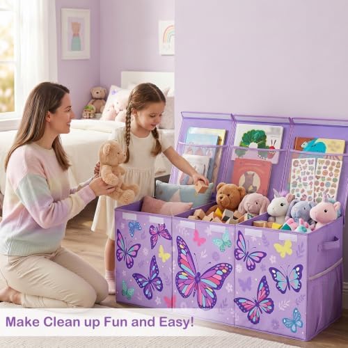 Toy Box with Adjustable Divider Large Toy Chest Storage for Nursery Kidroom | Extra large capacity, removable divider, top and side storage pockets, collapsible design, cute print for playroom decor