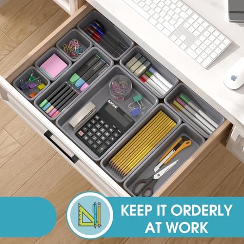 25 PCS Drawer Organizer Set, 4 Size Makeup Drawer Divider Organizer With Non-Slip Pads, Interlocking Plastic Storage Bins for Office,Jewelry Vanity,Gadgets, Bathroom,Kitchen, Grey