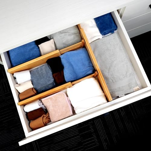 Utoplike Bamboo Drawer Organizer, 4" H Dresser Drawers Dividers for Clothes | Adjustable Deep Drawers Organizers for Clothing, Silverware, in Kitchen, Bathroom, Bedroom Drawer, Fit 14"-16" Drawers