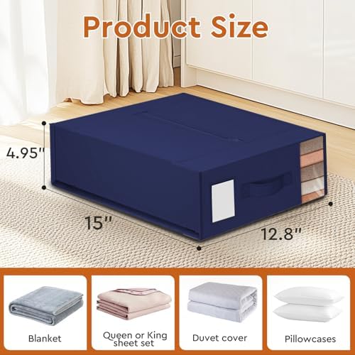StorageTastic 4 Pack Bed Sheet Closet Organizers and Storage,Sturdy Foldable Storage Containers with Window and Label,Storage and Organization for Bedding Sheets,Duvet Covers,Blankets (Blue)