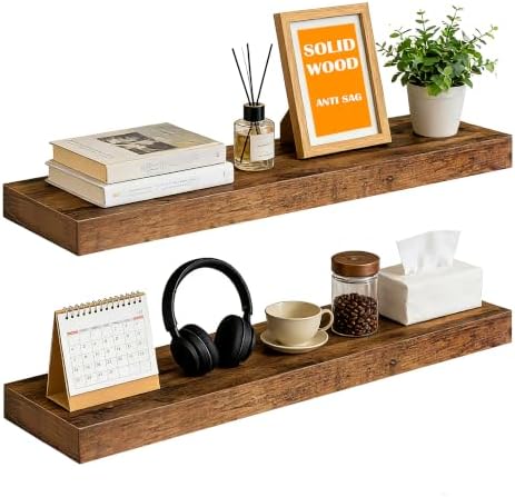 35.8"L Heavy Duty Solid Wood Core Floating Shelves, Rustic Brown, Set of 2