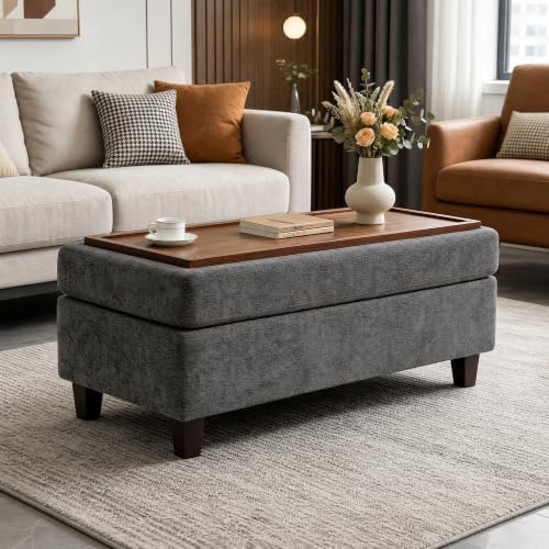 GENTEACO 45" Ottoman Coffee Table with Storage, Reversible Wooden Tray Top, Large Chenille Upholstered Ottoman, Hidden Storage Foot Rest Bench for Living Room, Bedroom, Entryway,Dark Gray