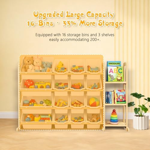 Kids Toy Storage Organizer with Bookshelf – Wooden Shelf with 16 Bins & 3 Shelves, Quick Assembly Storage Rack for Playroom, Bedroom, Nursery - White