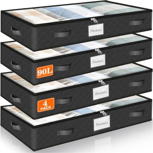 90L Under Bed Storage Containers, Storage Bags, Organizers, 4-Pack, Black