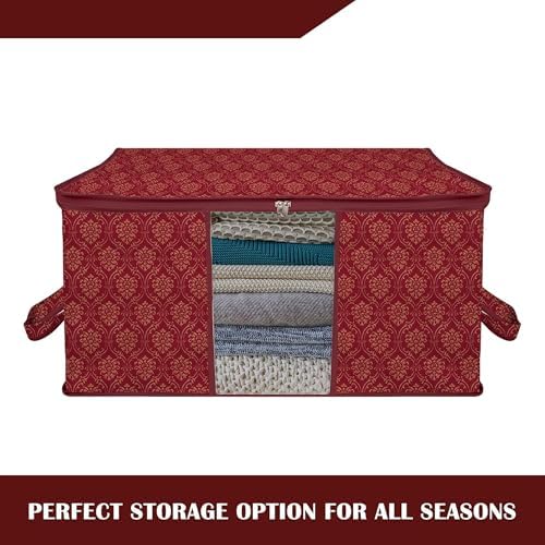 Kuber Industries (Pack of 12) Underbed Storage Bag | Golden Printed | Large Blanket Organizer | Clothing Storage Bag | Clear Window & Handle Storage Bag | Kambal Storage Bag | Maroon
