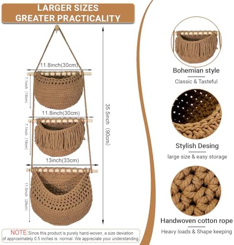 Halidali 3 Tier Hanging Fruit Baskets for Kitchen, Boho Cotton Rope Handwoven Vegetable Hammock Produce Storage Wall Mounted Large Organizing Basket for Farmhouse Decor, Onion, Potato (Caramel)